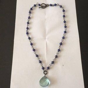 Handmade blue beaded wrapped wire pendant necklace